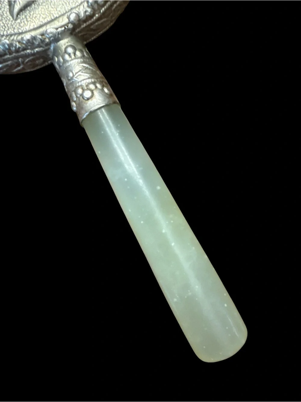 Vintage Chinese Silver Repousse Hand Mirror Green Jade Handle Asian Vanity